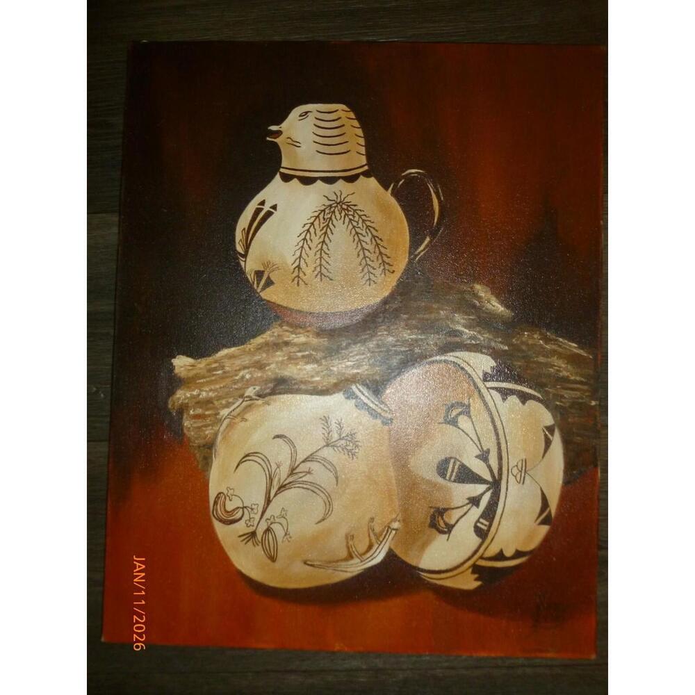 Signed Sam Daw Gaw Original Painting Oil on Canvas 24x16" Native Pottery